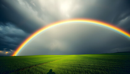 Fototapeta premium Double Rainbow Over Green Field After Storm