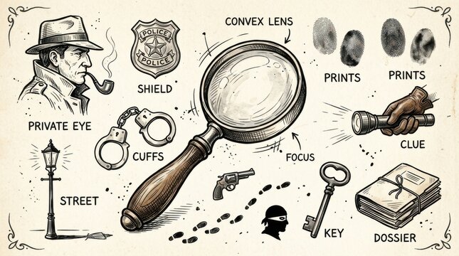 Detective Investigation Elements Magnifying Glass Fingerprints Footprints Clues Handcuffs Gun Dossier Private Eye