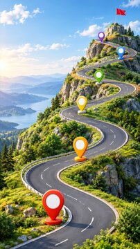 Winding road timeline climbing hill with milestone markers and
