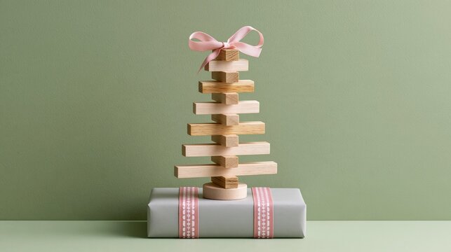 &Aacute;rbol de Navidad de madera, un libro y un fondo verde