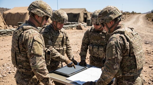 Four military soldiers in camouflage planning a mission using tablet and map at desert base