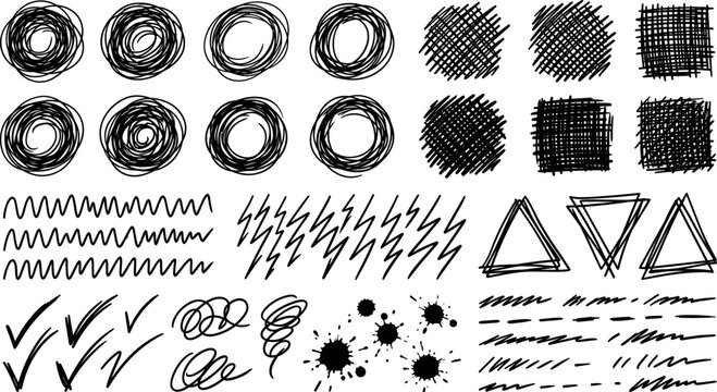 Hand drawn black scribble pencil strokes shapes and brush vector elements on white background