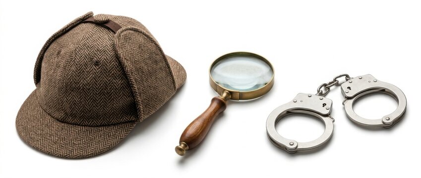 Detective Kit Deerstalker Hat Magnifying Glass and Handcuffs on White Background