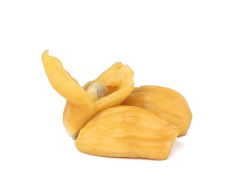 Fresh ripe jackfruit bulbs containing a seed isolated on a clean white background. Sweet tropical fruit pieces, ideal for healthy food, diet, and culinary content
