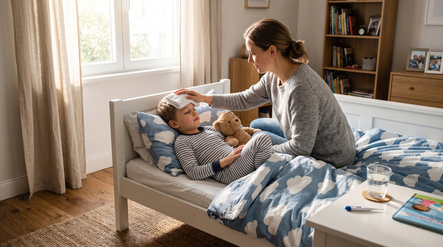 Caring mother comforting sick child, gentle hand on forehead, loving support, health recovery, feeling warmth, empathy and concern