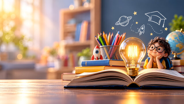 A child gazes thoughtfully at a glowing bulb on an open book with colorful pencils and space-themed drawings, embodying learning, creativity, and imagination.