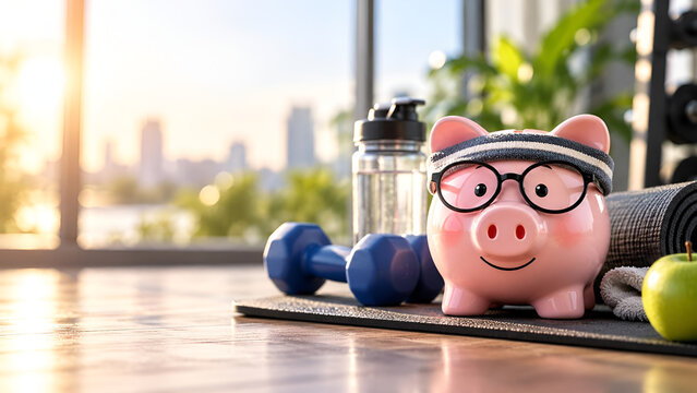 A cute piggy bank with glasses on a yoga mat in a bright gym setting, surrounded by a water bottle, dumbbells, and an apple, symbolizing fitness savings.