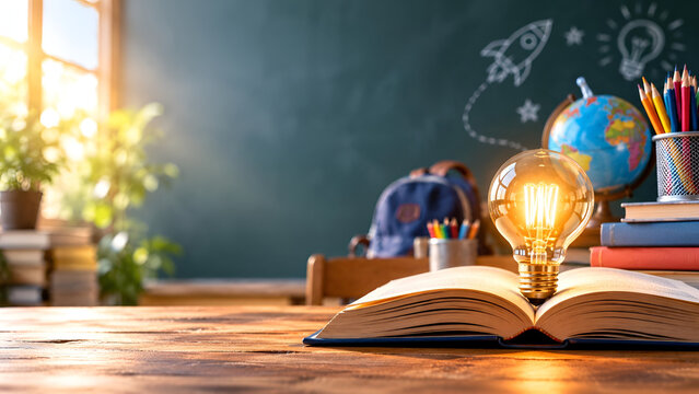 An open book with a glowing light bulb on a wooden desk in a classroom setting, symbolizing creativity and knowledge with a chalkboard in the background.