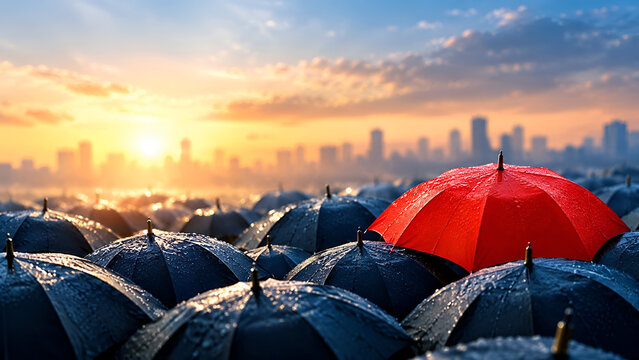 A vibrant red umbrella stands out among a sea of black umbrellas during a rainy sunset in the city, symbolizing individuality and resilience.