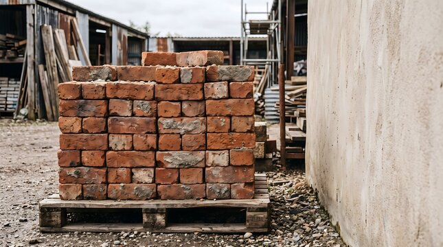Reclaimed red bricks with chipped edges and old mortar are stacked on a wooden pallet in a salvage yard, showing building material reuse and circular construction.
