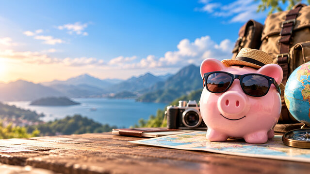 Charming piggy bank wearing sunglasses against a stunning travel destination backdrop, symbolizing vacation savings and adventure planning.