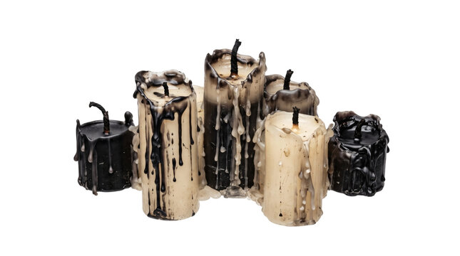 Cluster of melted black and ivory candles isolated on transparent