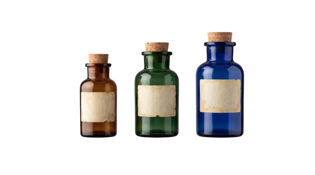 Three mini apothecary bottles isolated on transparent