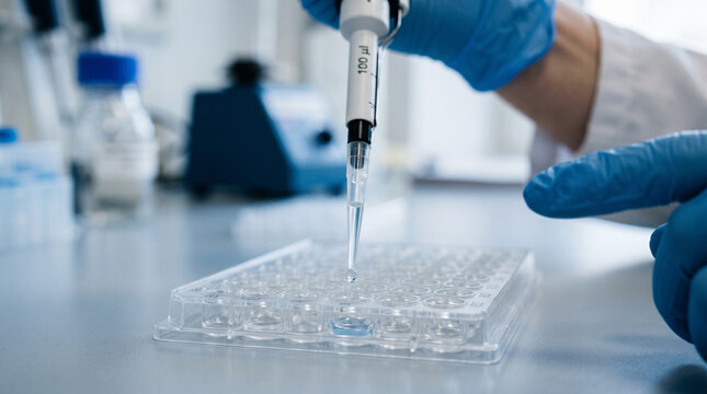 Scientist using pipette in laboratory to dispense liquid into microplate while feeling focused and concentrated on clinical research