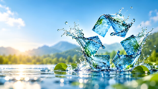 Conceptual image of a recycling symbol made of water splashes in a serene natural backdrop, conveying environmental sustainability and conservation.