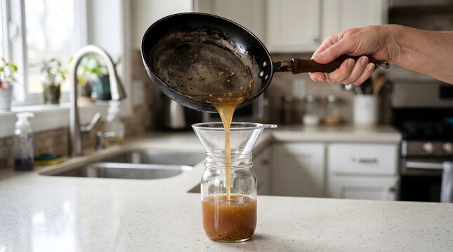 Amber cooking oil drains from a used frying pan through a funnel into a jar in a bright home kitchen, showing practical grease collection before disposal.