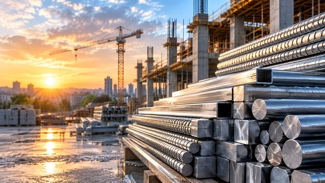 Construction site at sunset with steel rods, cranes, and developing buildings, showcasing industrial progress and urban development.