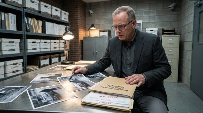 Detective Inspecting Evidence Photos in Crime Scene Investigation Room