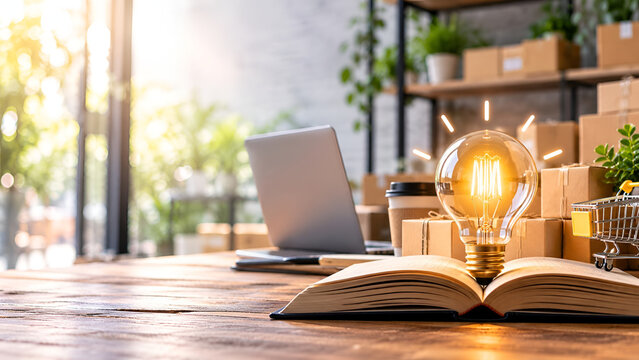 Creative workspace with a light bulb symbolizing innovation. Open book and laptop on a wooden desk bathed in sunlight, inspiring innovative ideas.