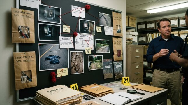 Detective Investigation Board Evidence Suspects and Clues Crime Scene Analysis