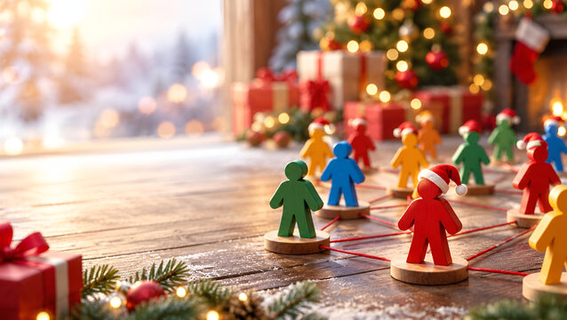 Festive wooden figures with Santa hats on a Christmas board game, surrounded by gifts and a tree, evoking holiday spirit and joy.