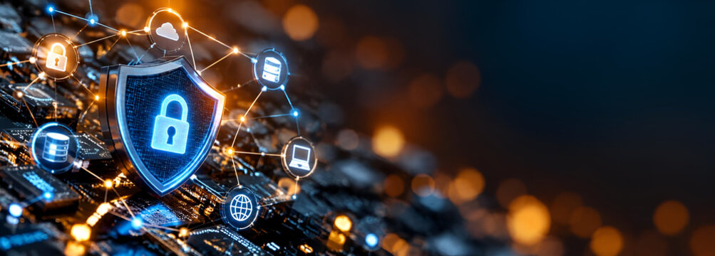 Futuristic digital cybersecurity concept with glowing lock icons on a circuit board background, symbolizing data protection and network security.