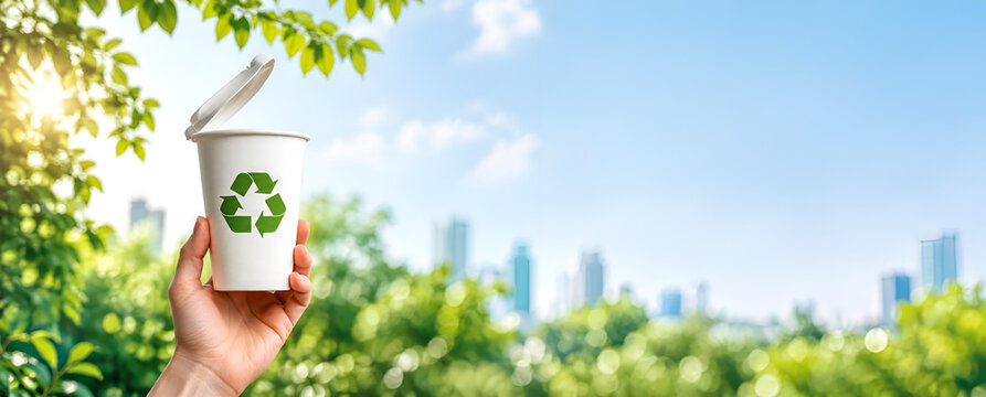 Hand holding a recyclable cup with a recycling symbol in a lush green park with a city skyline in the distance, emphasizing eco-friendly practices.