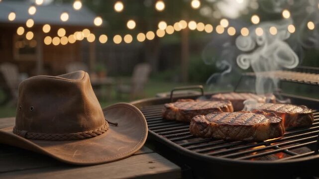 Worn brown leather cowboy hat rests near a sizzling grill loaded with juicy smoked steaks, string lights glowing in festive warmth.