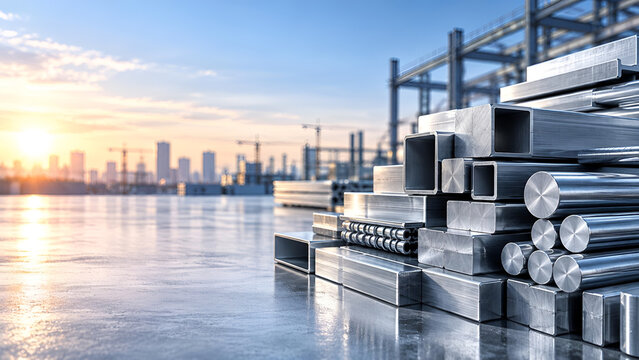 Sunrise view over construction site with steel beams and urban skyline, highlighting industrial development and modern architecture against clear sky.