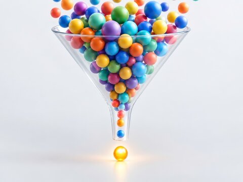 Funnel of colorful spheres narrowing down to a glowing sphere at the