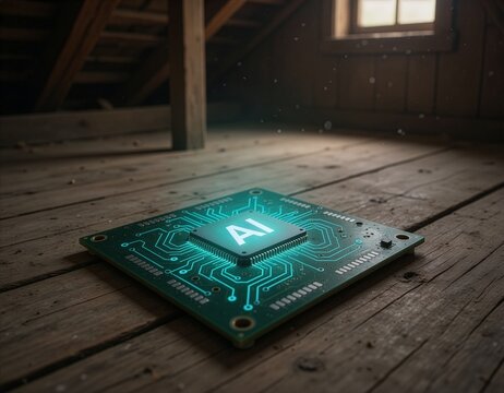 Glowing AI chip pulsing with cyan circuitry across a dusty attic floor, symbolizing technology that persists despite regulation