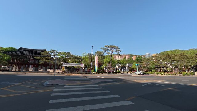 Empty crosswalk street near the hotel in Andong, South Korea.