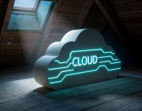 Neon CLOUD sign glowing cyan beneath an attic skylight, symbolizing cloud AI shining on despite regulation