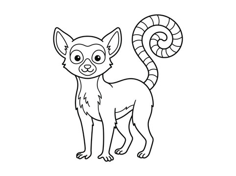 Cute cartoon lemur with a long striped tail standing in a simple line art style