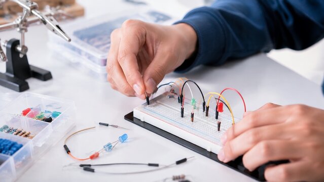Hands building simple electronics circuit in STEM classroom workshop