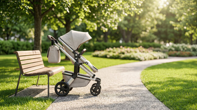 Baby stroller pram pushchair with bag beside park bench on sunny pathway walk.