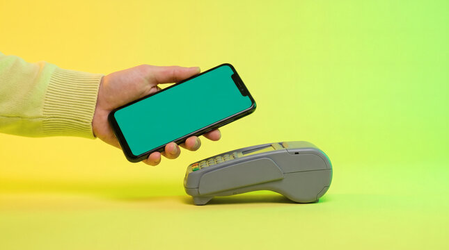 Hand holding smartphone with green screen over contactless payment terminal against yellow and green gradient background