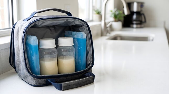 Upright insulated cooler holds capped breast milk bottles and ice packs, showing an organized portable setup for transporting expressed milk during the day.