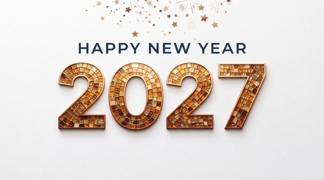 Festive golden 2027 text design celebrating new year s day with sparkling confetti on a clean white background
