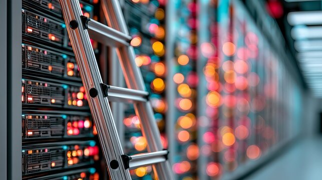 Metallic ladder ascends amidst a vibrant server rack displaying warm orange and cool cyan lighting, representing data storage