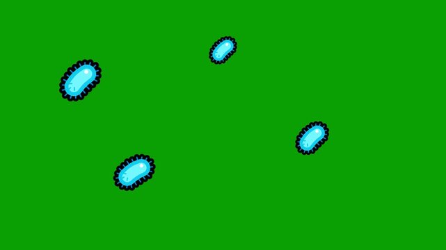 Animated cartoon blue bacteria floating on green screen background, chroma key microbes germs motion graphics overlay for science and health videos