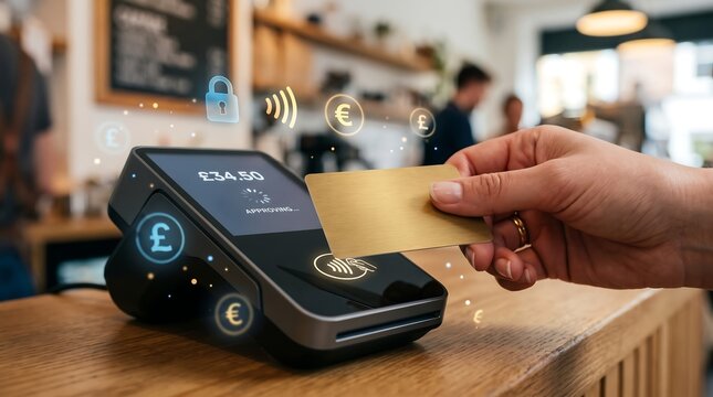 Contactless Payment with Credit Card at a Modern POS Terminal.