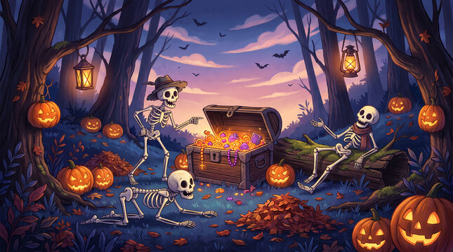 Skeletons gather around an open treasure chest in a spooky forest scene skull bones halloween gold