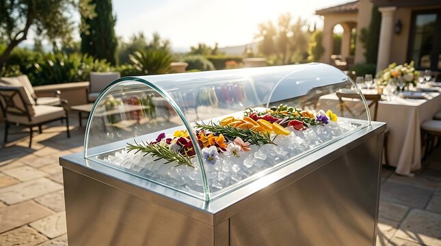 luxury outdoor catering display with ice and edible flowers