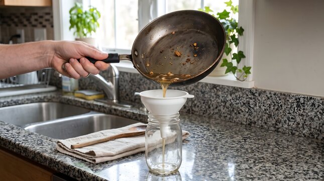 Used cooking oil is poured from a frying pan through a funnel into a glass jar beside a kitchen sink, showing responsible grease disposal and drain protection.