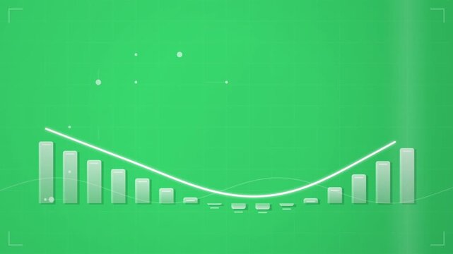 Animated financial bar chart and glowing trend line on green background representing stock market volatility and economic growth data analysis for business presentations and digital dashboards.
