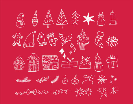 Hand-Drawn Christmas Whimsy Decor Elements. Doodle Style. Christmas Festive decoration. Winter holiday ornament, leaf, ribbon, and tree. Flat vector illustration