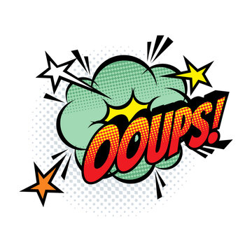 Vintage comic book explosion speech bubble saying oops with stars isolated on transparent background