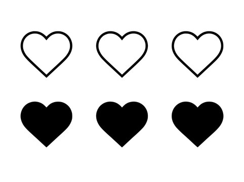 Minimalist heart icons set, black outline and solid love shape vectors, simple heart symbols for UI and web design