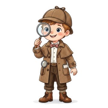 Curious Young Detective with Magnifying Glass Exploring Mysteries Cartoon Character Illustration